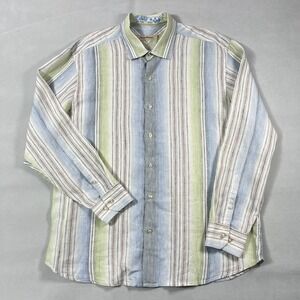 Tommy Bahama 100% Linen‎ Shirt Men XL Blue Green Stripe Long Sleeve